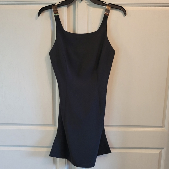 90s-00s Tahari Little Black Dress With Metal Shoulder Straps - Picture 1 of 8